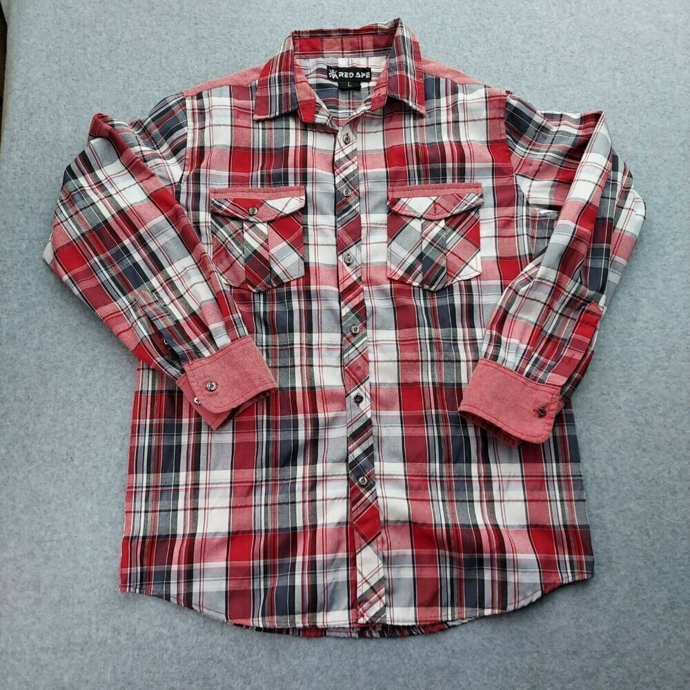 Red Ape Mens Red Plaid Collared Long Sleeve Button Up Shirt  Large